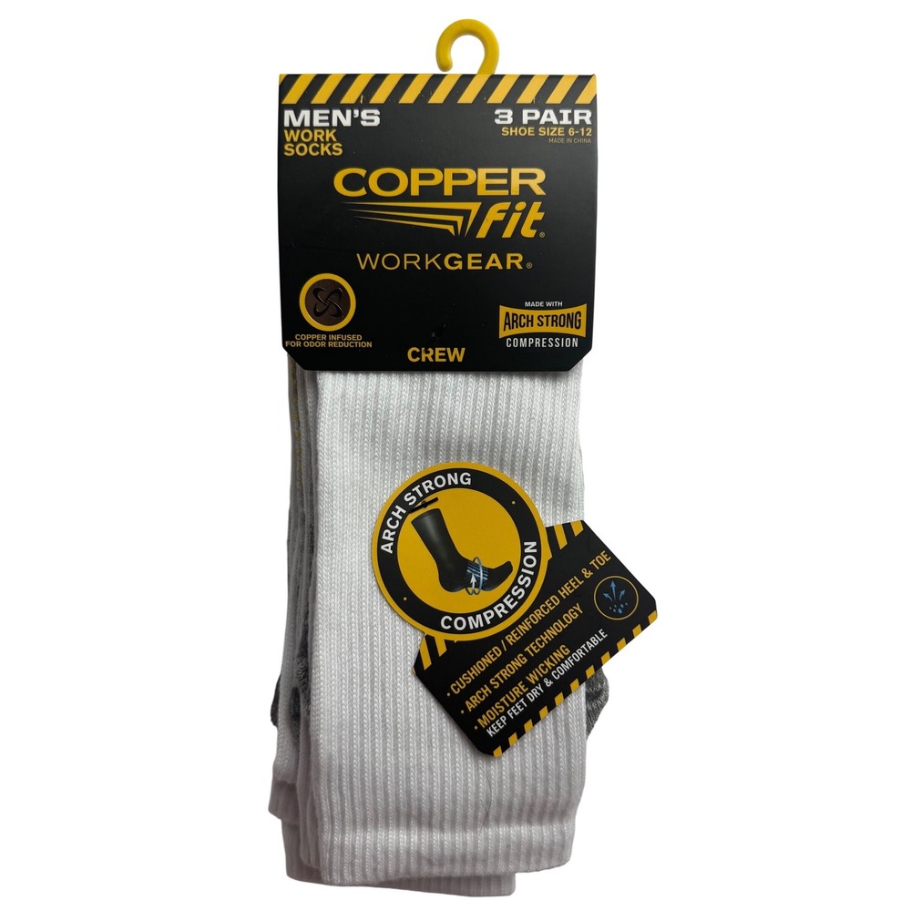 Copper Fit Workgear Mens‎ Crew Work Socks 3 Pair Arch Compression White 6-12